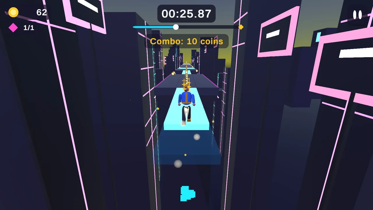 Running across a glowing bridge in the Neon Megacity world